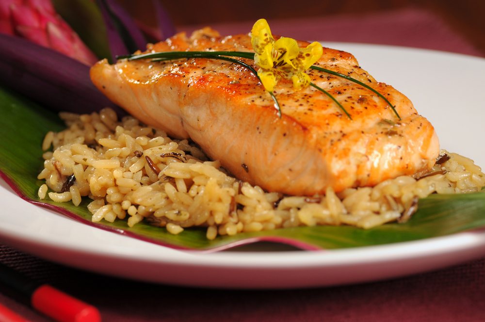 seared salmon with buttered brown rice