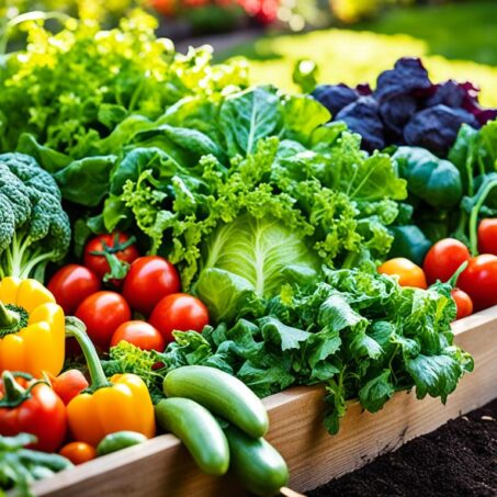 A lush garden bed filled with various easy-to-grow vegetables including leafy greens, crunchy carrots, plump tomatoes, and vibrant bell peppers