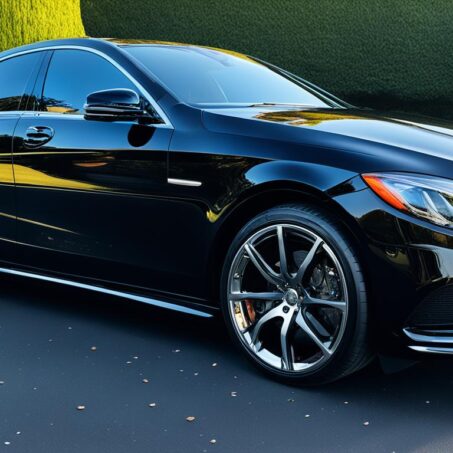 black luxury car parked in front of a beautifully landscaped driveway