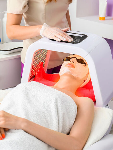 Woman undergoing procedure of facial light therapy